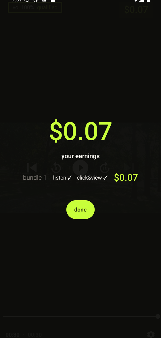 End-of-session earnings: $0.04 earned across two bundles, each line showing whether listen and click&view were validated.