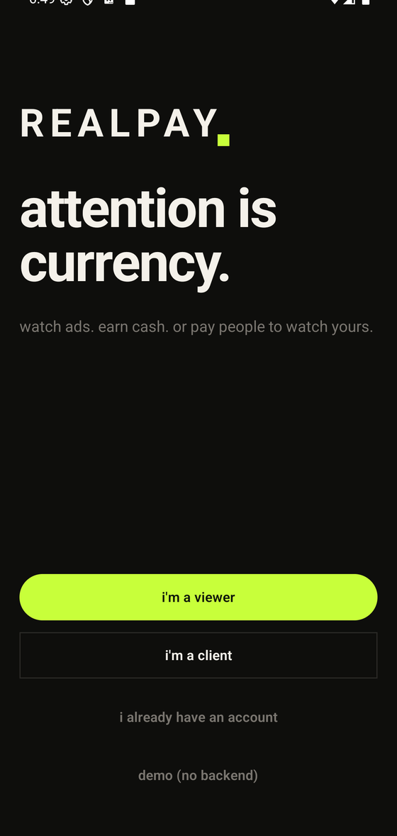 Add Ca$h welcome screen: the REALPAY wordmark, the line “attention is currency,” and entry buttons for viewers and clients.